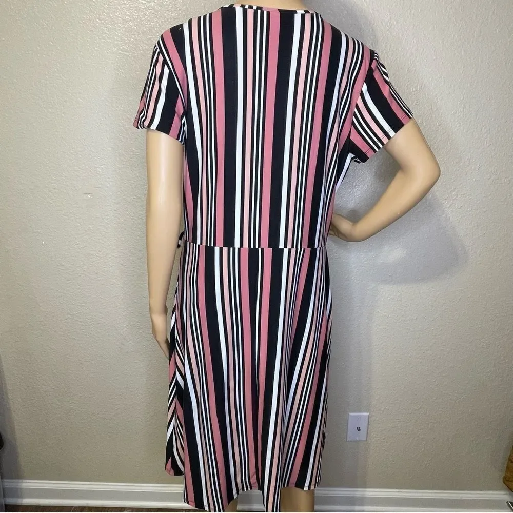 Bobbie Brooks Striped Faux Wrap MIDI Dress Mauve White Black Peach Size Large